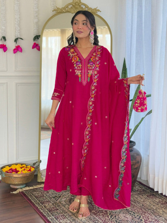 Women Floral Embroidered Regular Thread Work Kurta with Trousers & With Dupatta