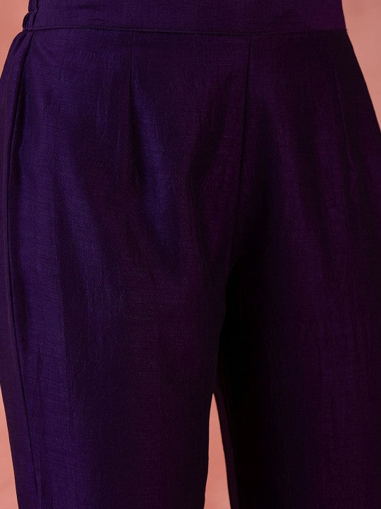 Floral Embroidered V-Neck A-Line Kurta With Trousers & Dupatta