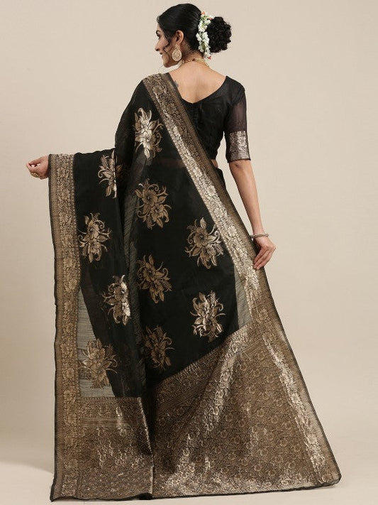 Black Floral Linen Blend Banarasi Saree