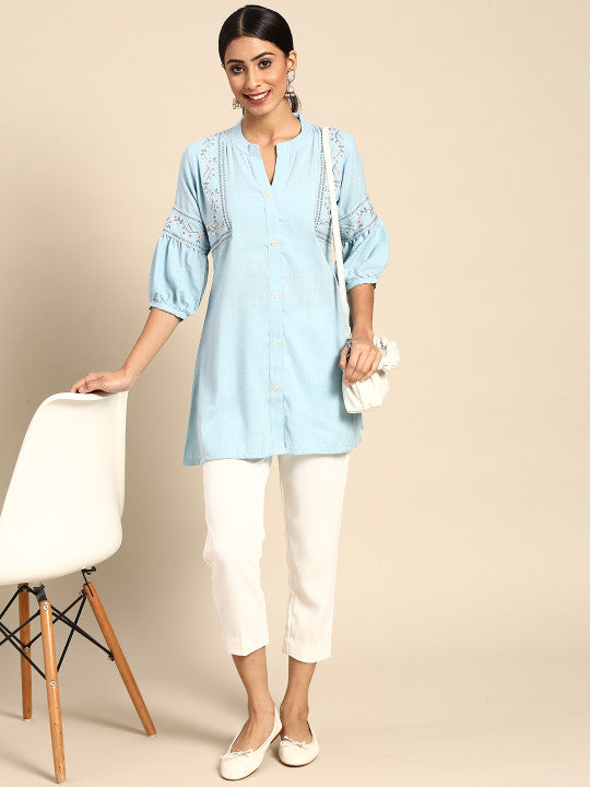 Blue Embroidered Detail A-Line Top