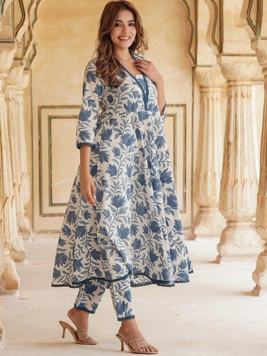 Floral Printed Anarkali Pure Cotton Kurta with Trousers & Dupatta