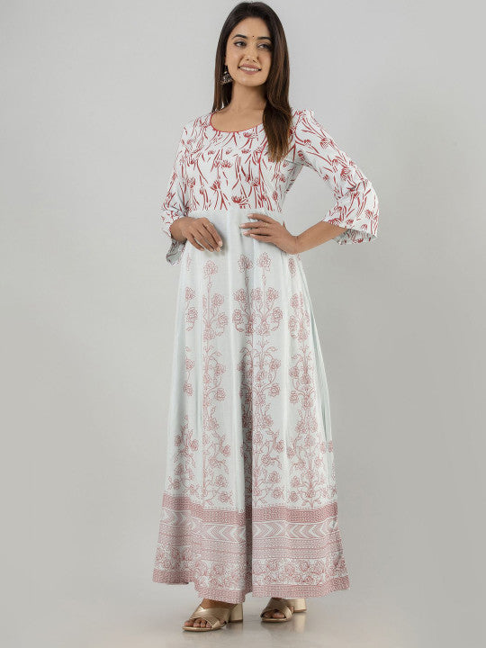 Women Ethnic Motifs Printed Round Neck Block Print Anarkali Kurti