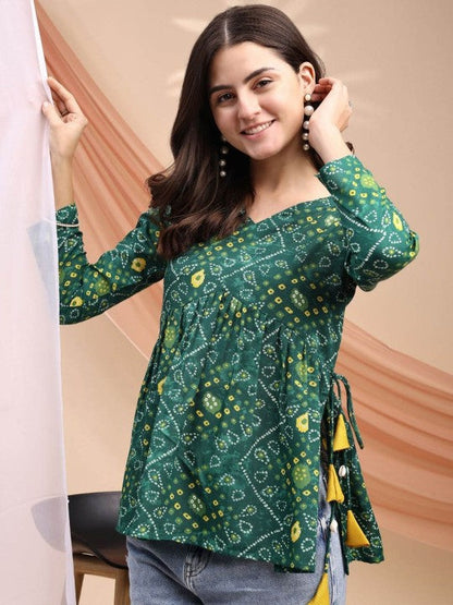 Women Bandhani Print Peplum Kurti With Tassles and Kodi